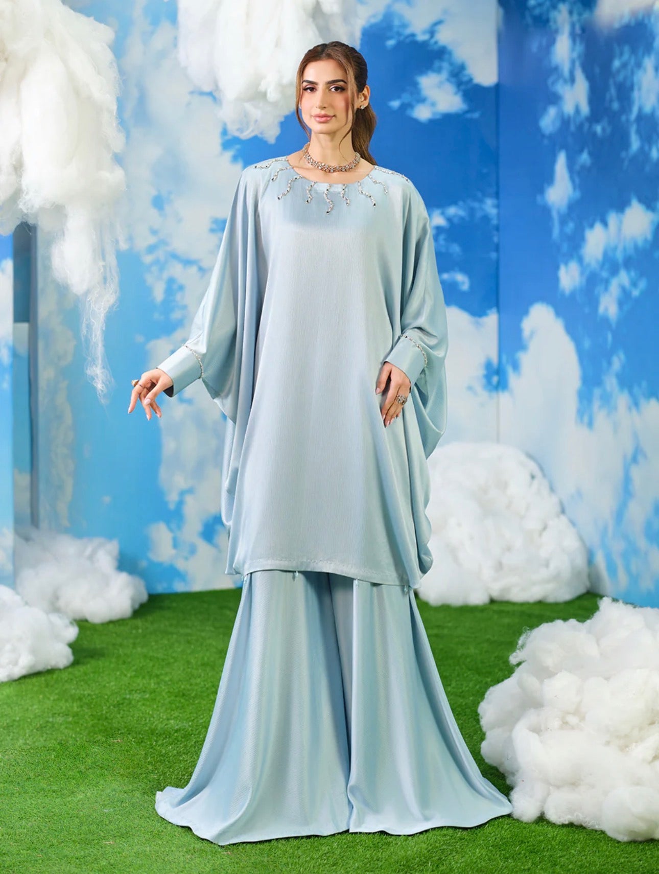 Sky Blue Embellished Kaftan Co-Ord Set