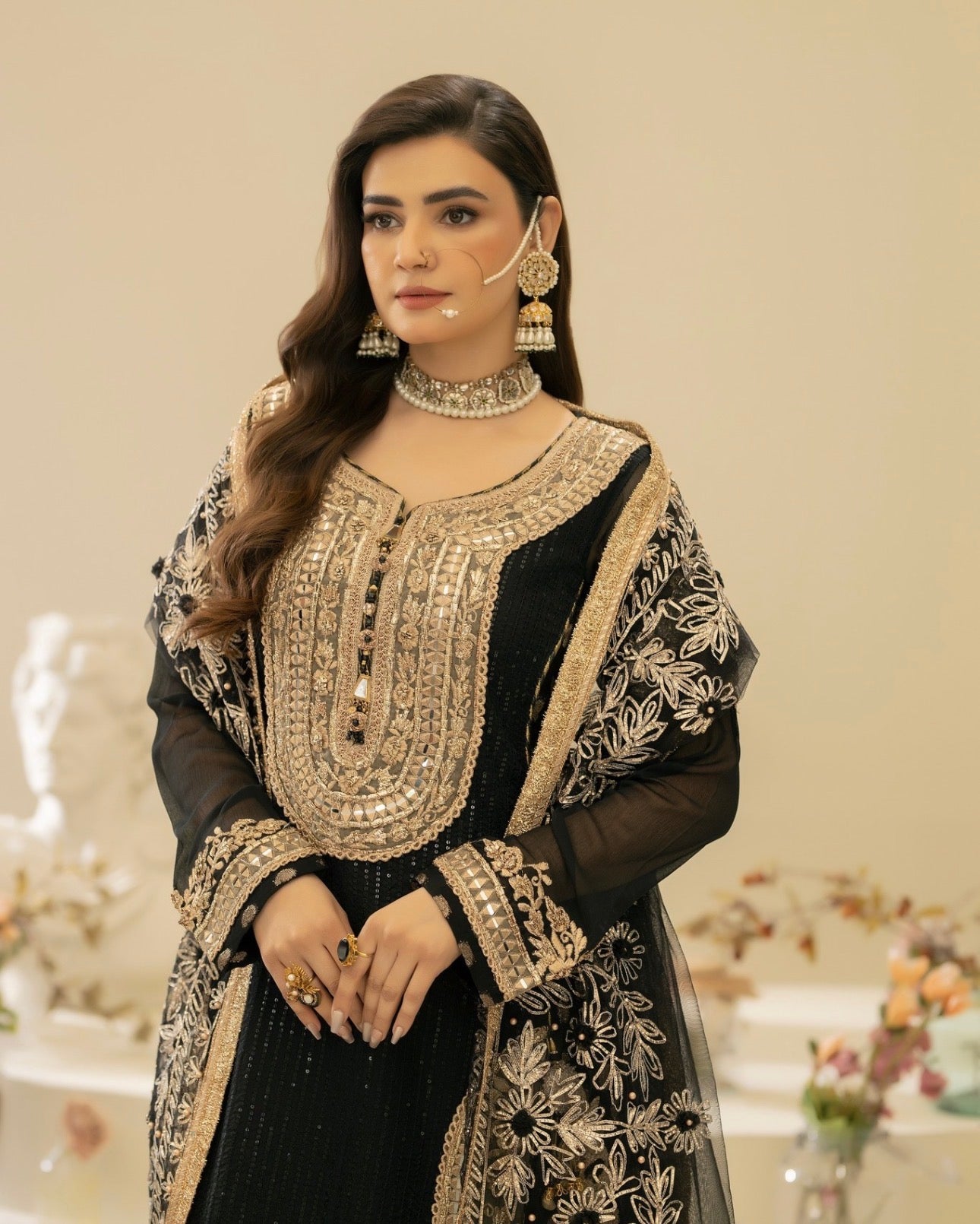 Black Embroidered 3 piece Sharara Suit | Pakistani Wedding Guest Dress