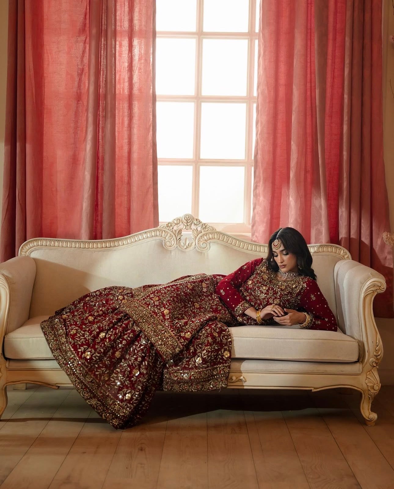 KAMKHAAB | 3 piece Maroon & Gold Embroidered chiffon Bridal Farshi Gharara Set