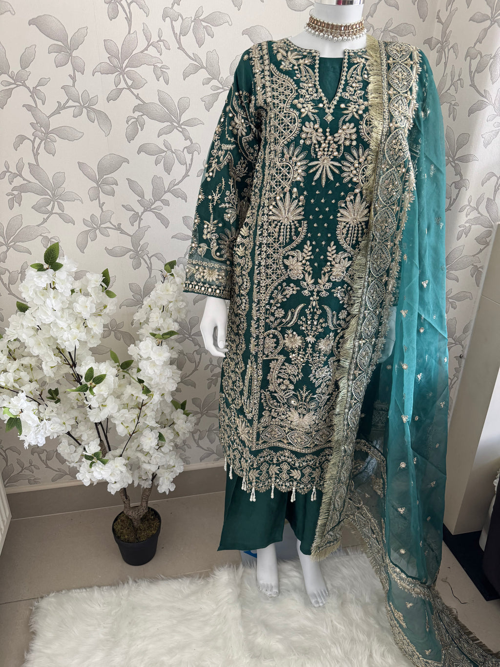 AFROZ Emerald | 3 piece Embroidered soft Organza Suit