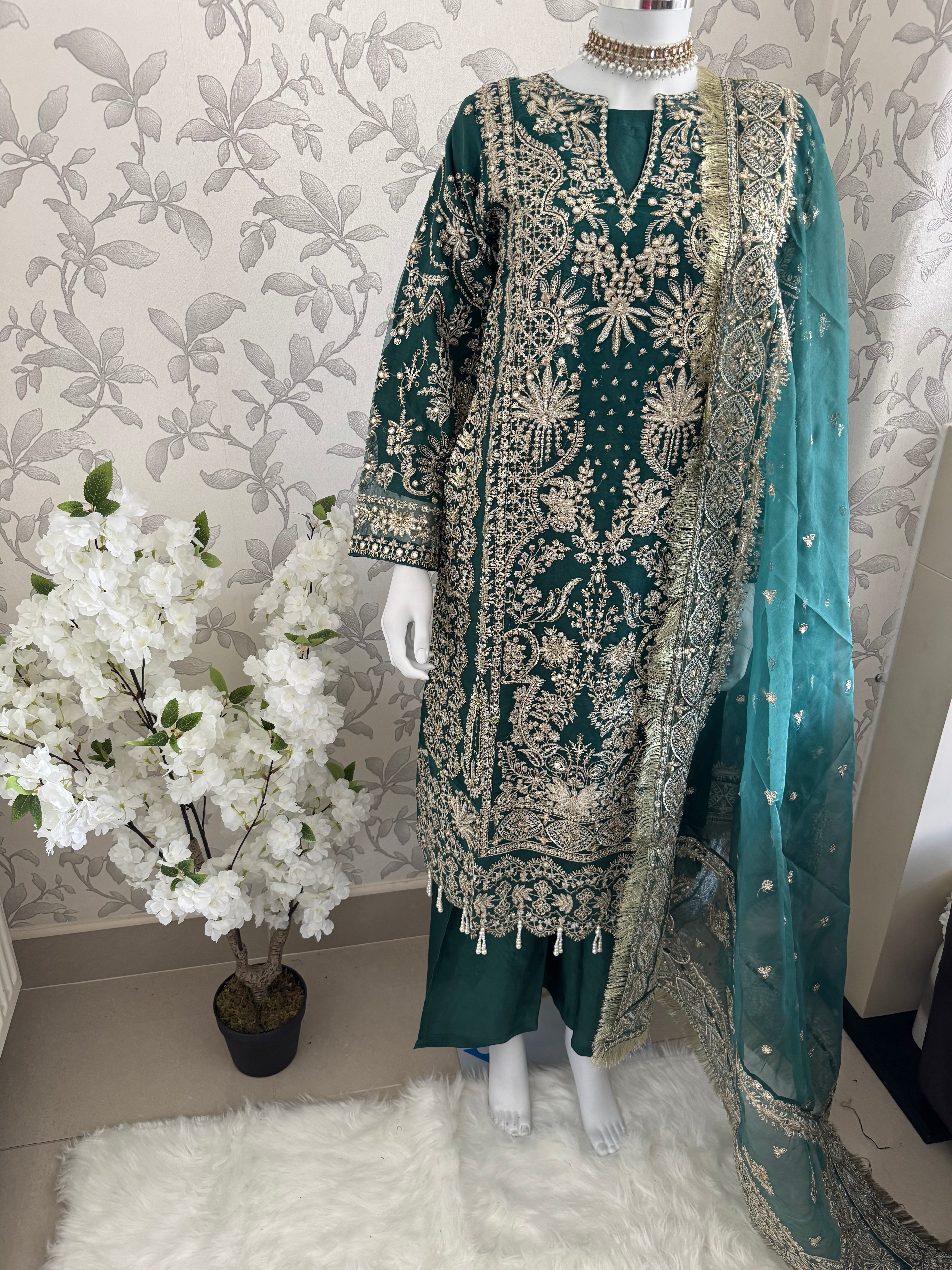 AFROZ Emerald | 3 piece Embroidered soft Organza Suit