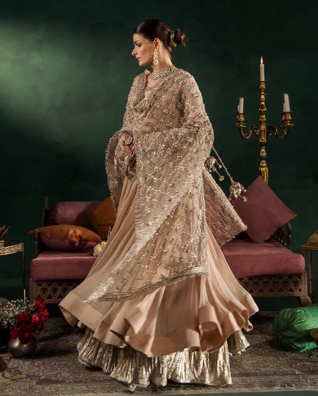 DILRUBA | 3 piece embroidered chiffon Bridal Anarkali suit - Champagne Beige