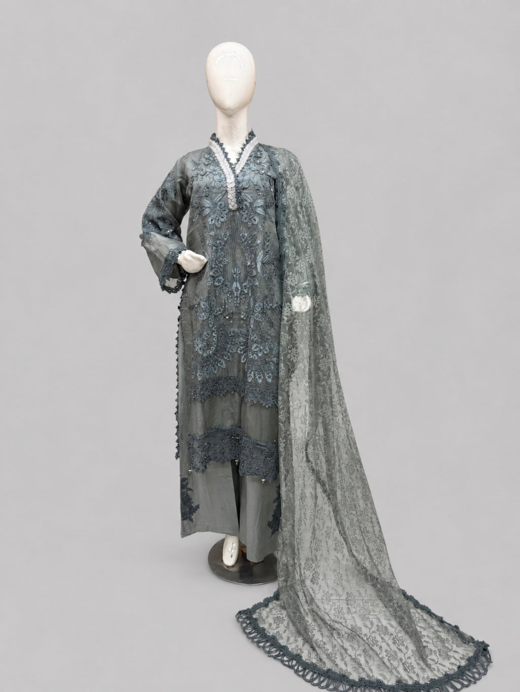 Sage Elegance | 3 piece Luxury Embroidered khaadi Net Suit