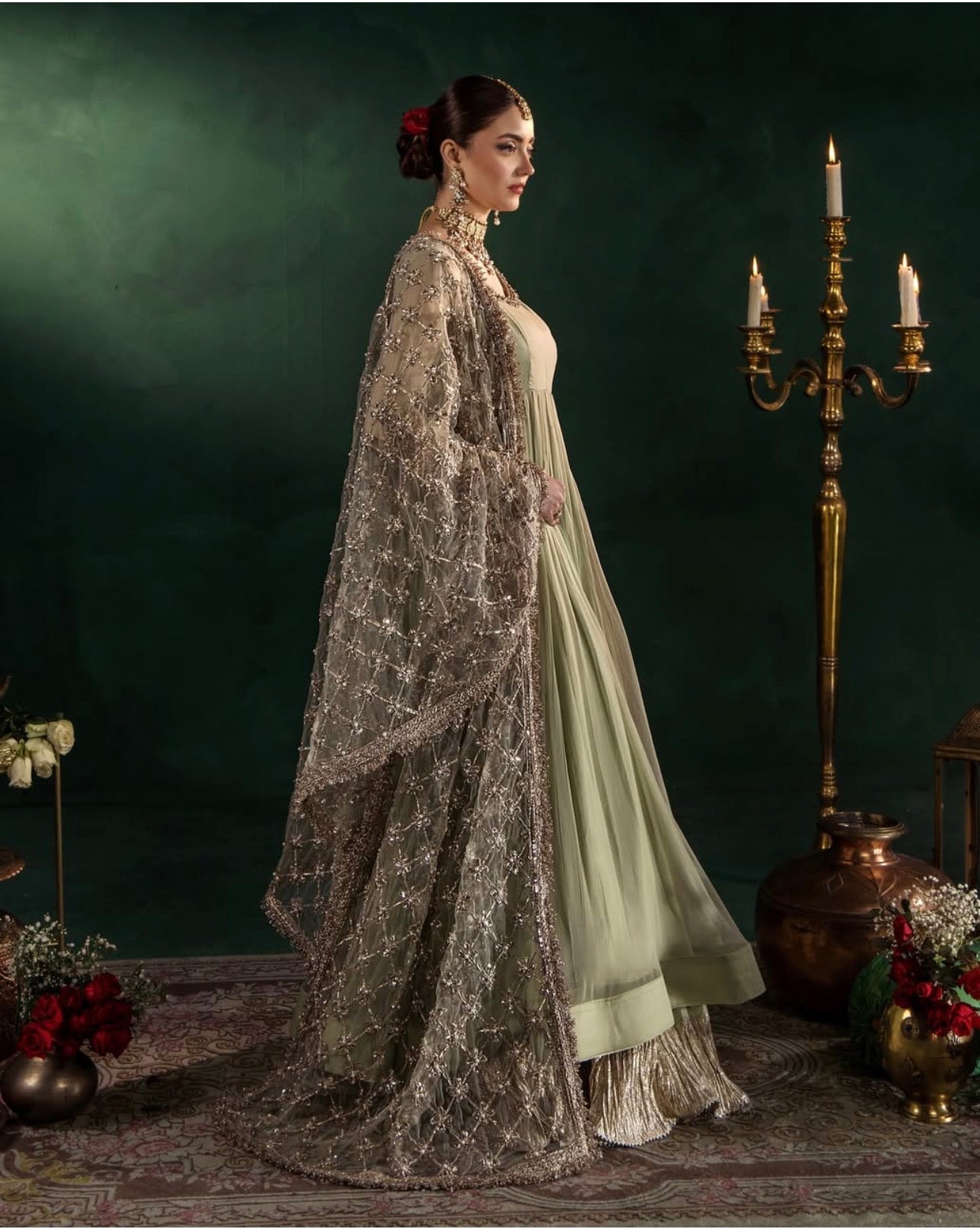 DILRUBA | 3 piece Embroidered chiffon Bridal Anarkali suit- Sage green