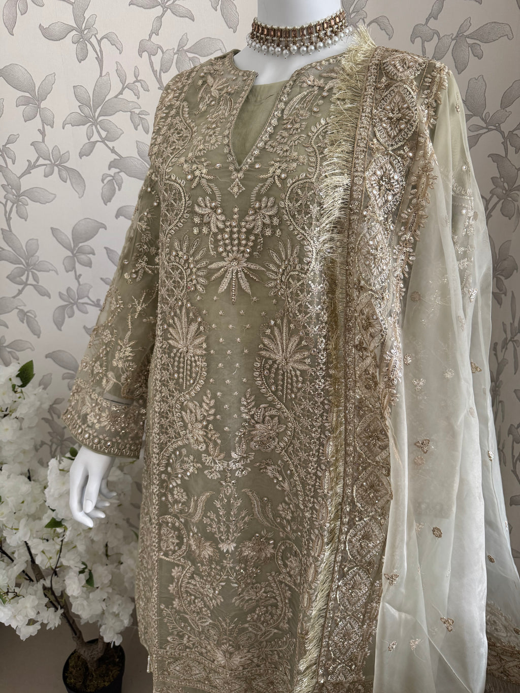 AFROZ Sage green | 3 piece Embroidered soft Organza Suit