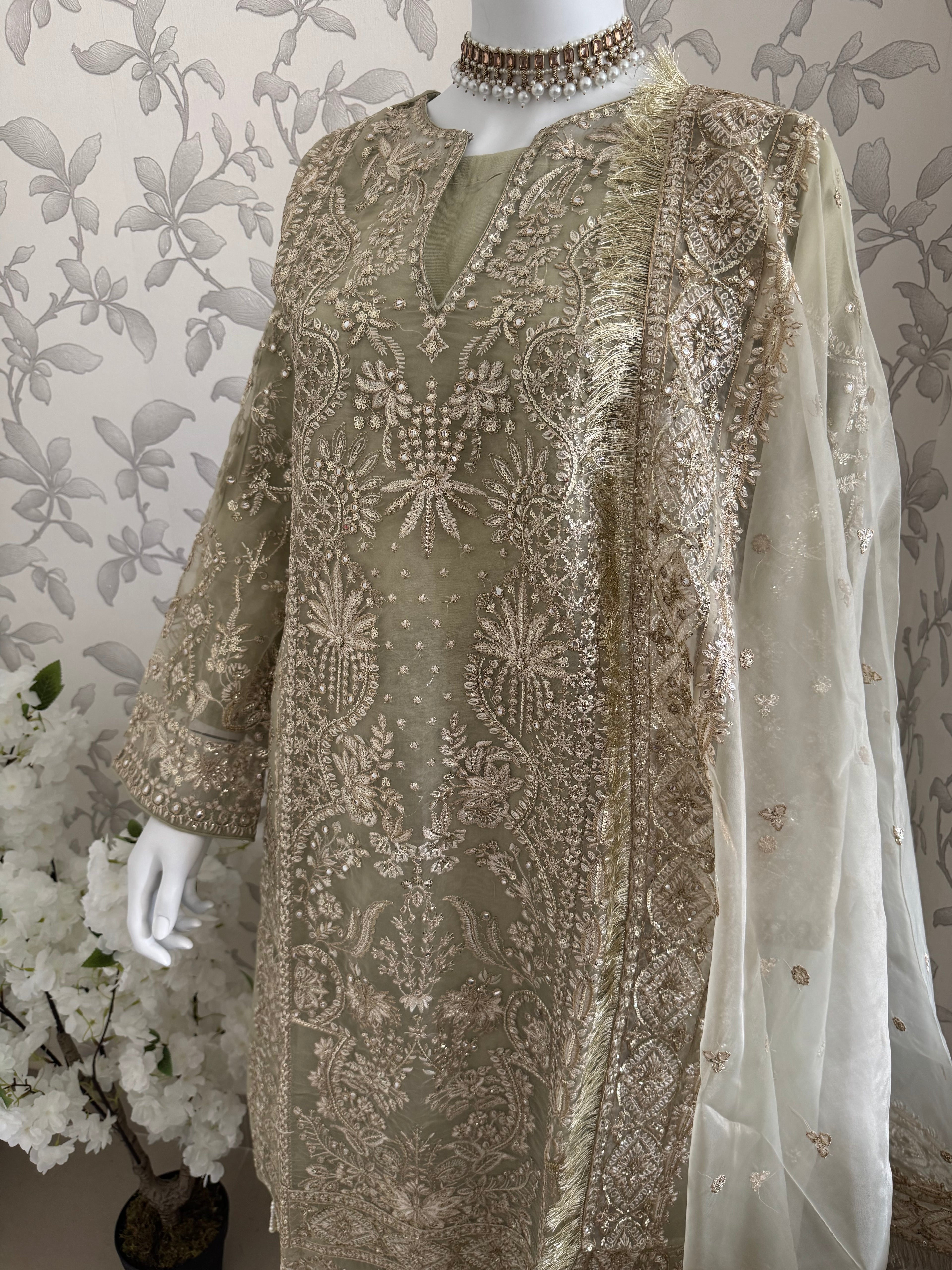 AFROZ Sage green | 3 piece Embroidered soft Organza Suit