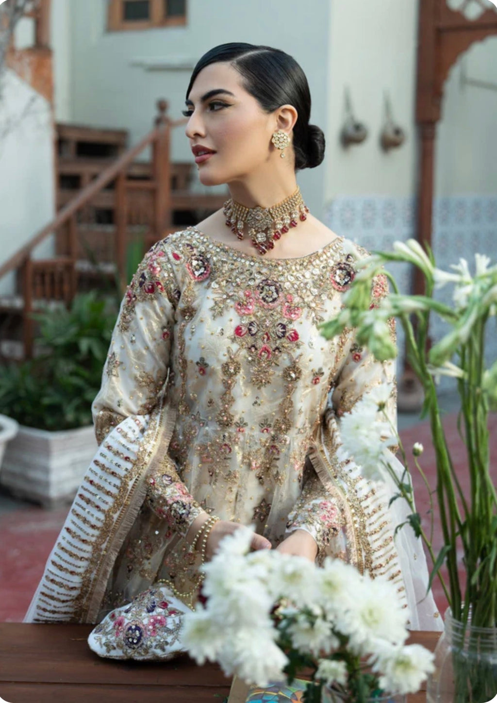AROMMA | 3 piece Luxury Embroidered wedding anarkali Maxi dress comes with Potli bag