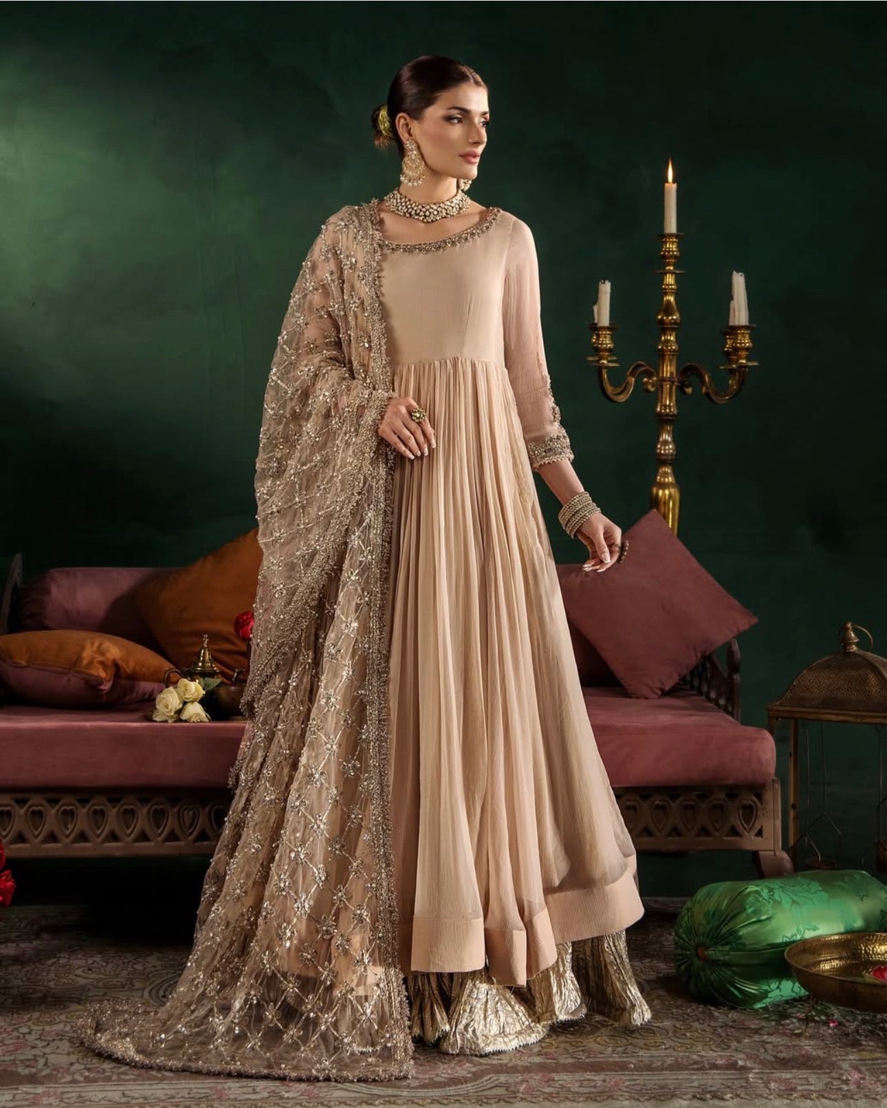 DILRUBA | 3 piece embroidered chiffon Bridal Anarkali suit - Champagne Beige