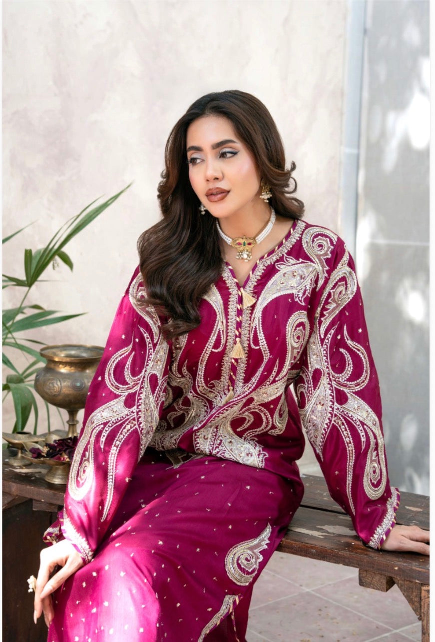 ROYA | 2 piece Magenta Embroidered viscose Kaftan Set Festive & Party Wear