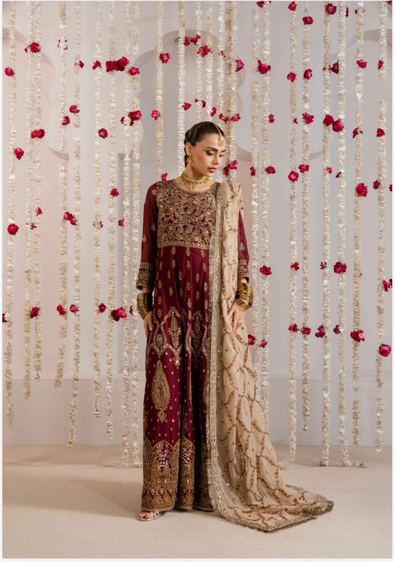 ALANI Royal Maroon | 3 pieces heavy embroidered chiffon Maxi Dress