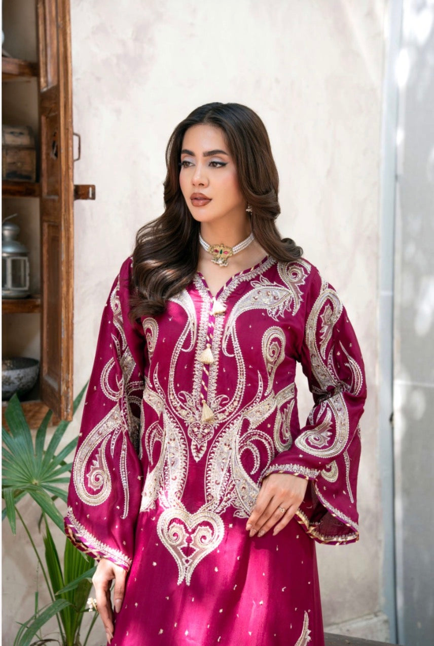 ROYA | 2 piece Magenta Embroidered viscose Kaftan Set Festive & Party Wear