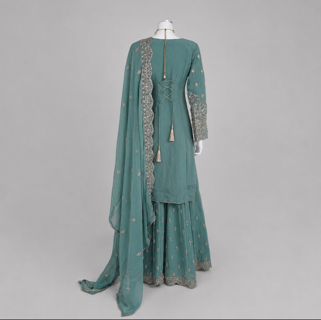 SAFFA | 3 piece Embroidered Chiffon Gharara Suit