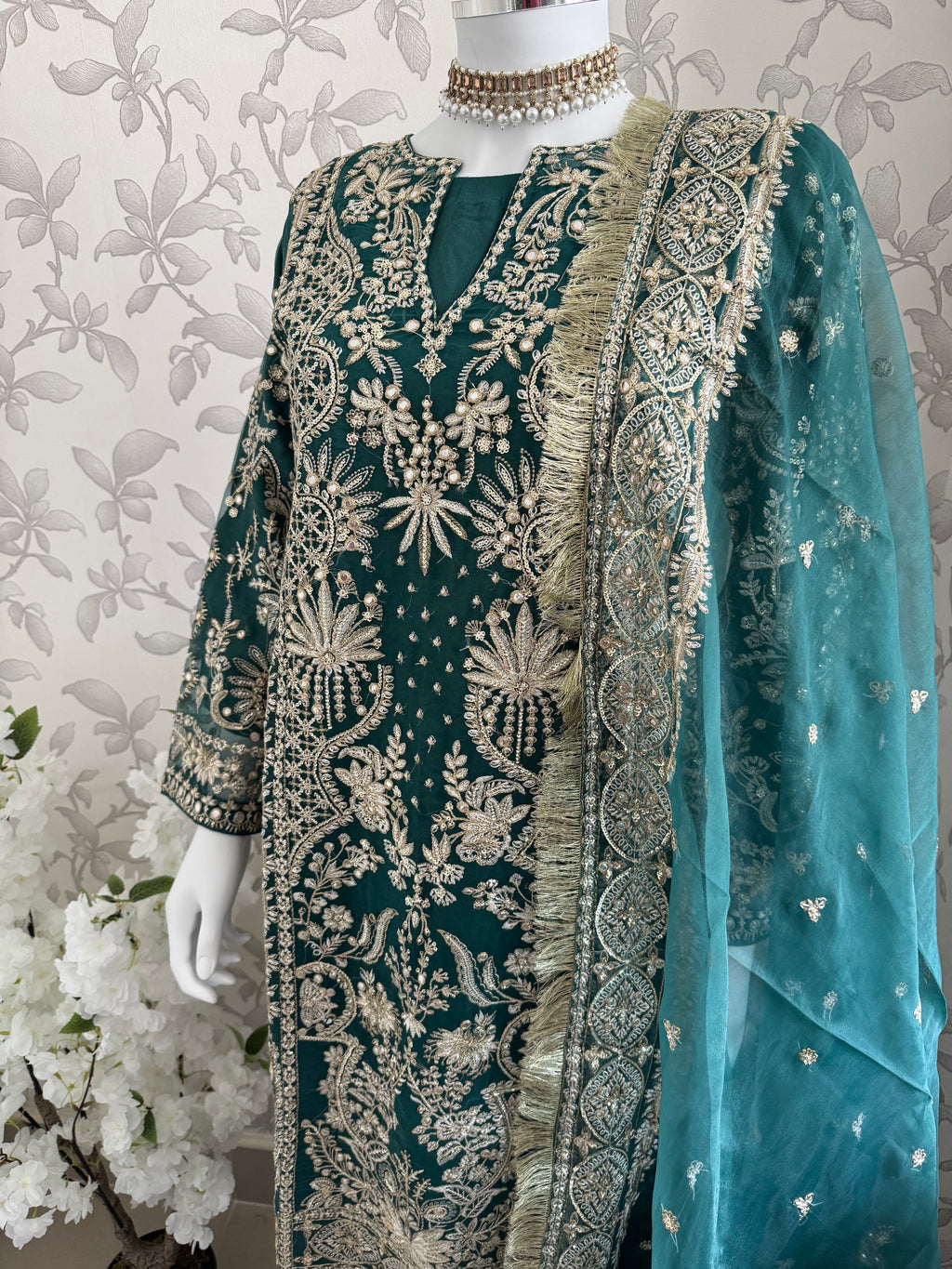 AFROZ Emerald | 3 piece Embroidered soft Organza Suit