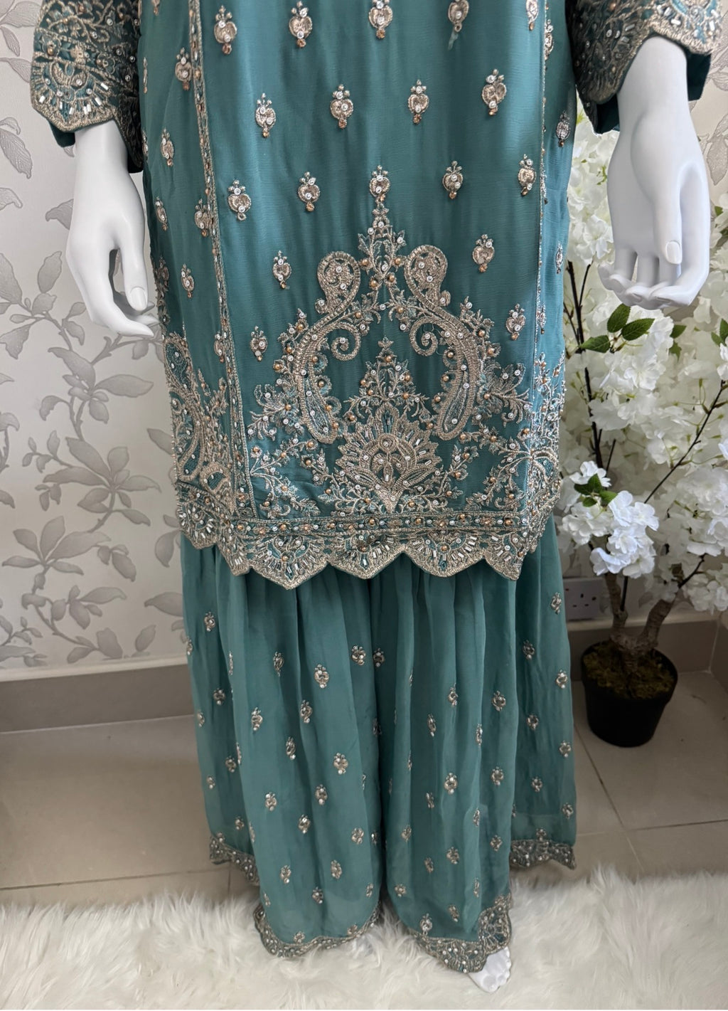 SAFFA | 3 piece Embroidered Chiffon Gharara Suit