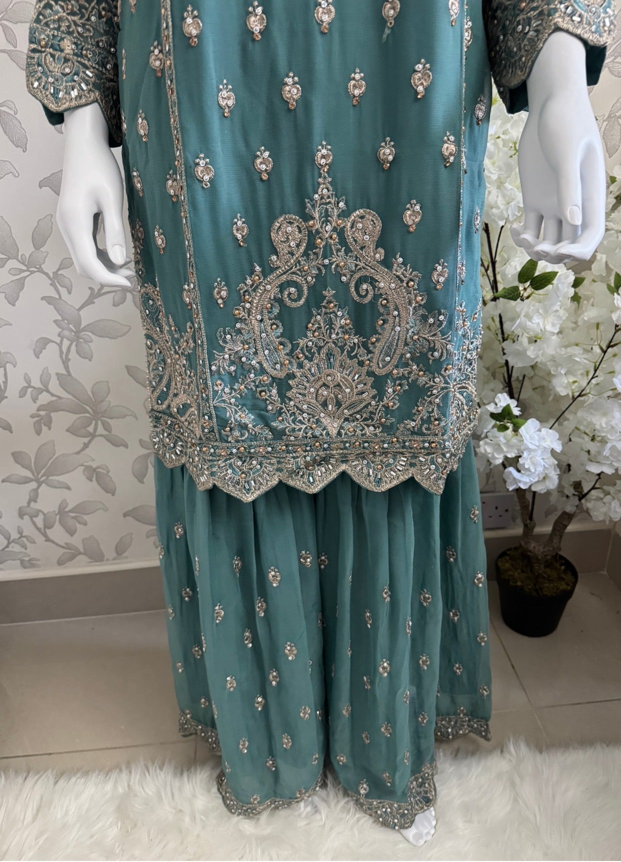 SAFFA | 3 piece Embroidered Chiffon Gharara Suit