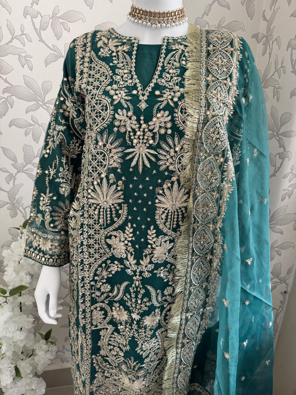 AFROZ Emerald | 3 piece Embroidered soft Organza Suit