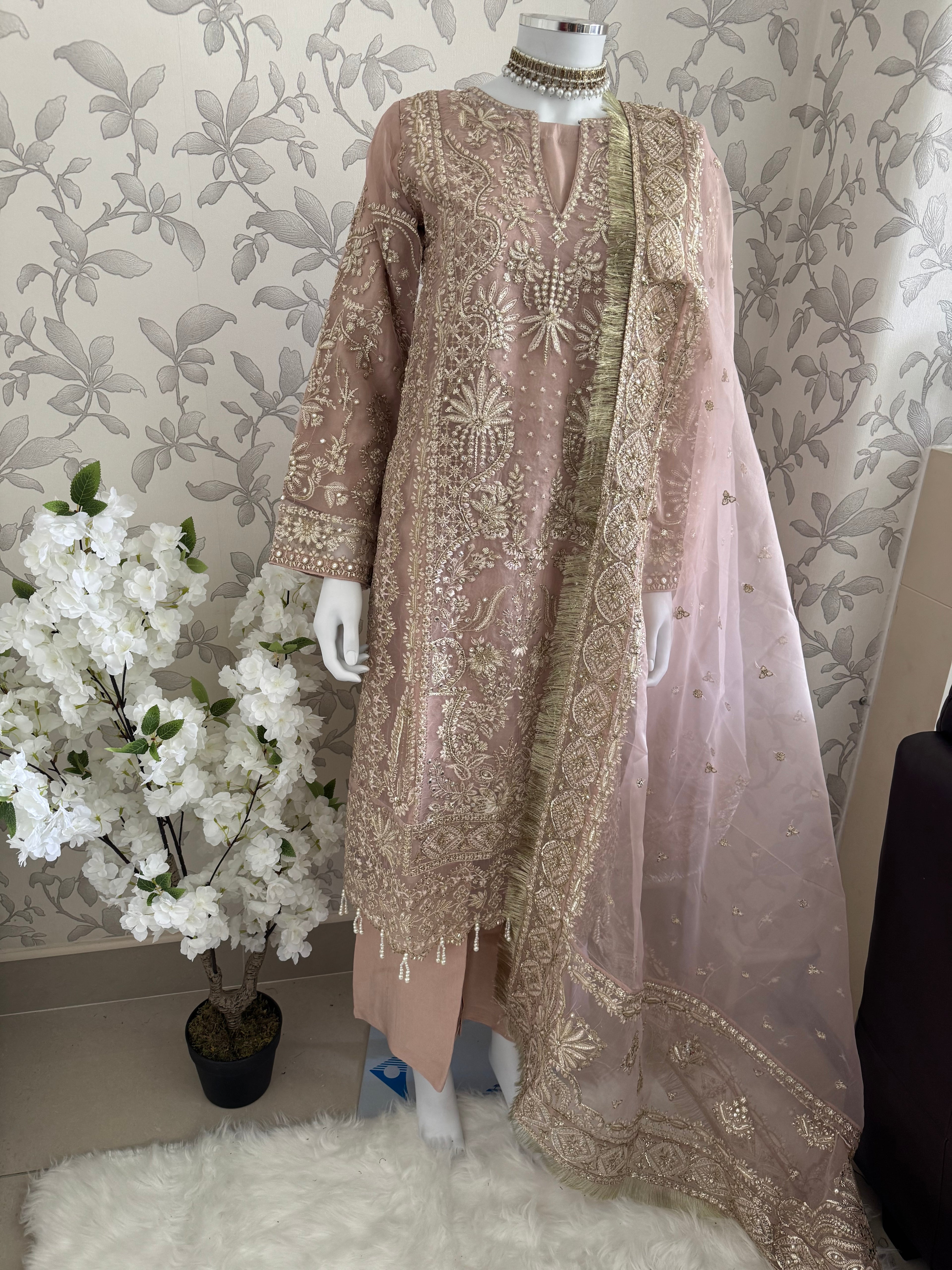 AFROZ Blush Pink | 3 piece Embroidered soft Organza suit