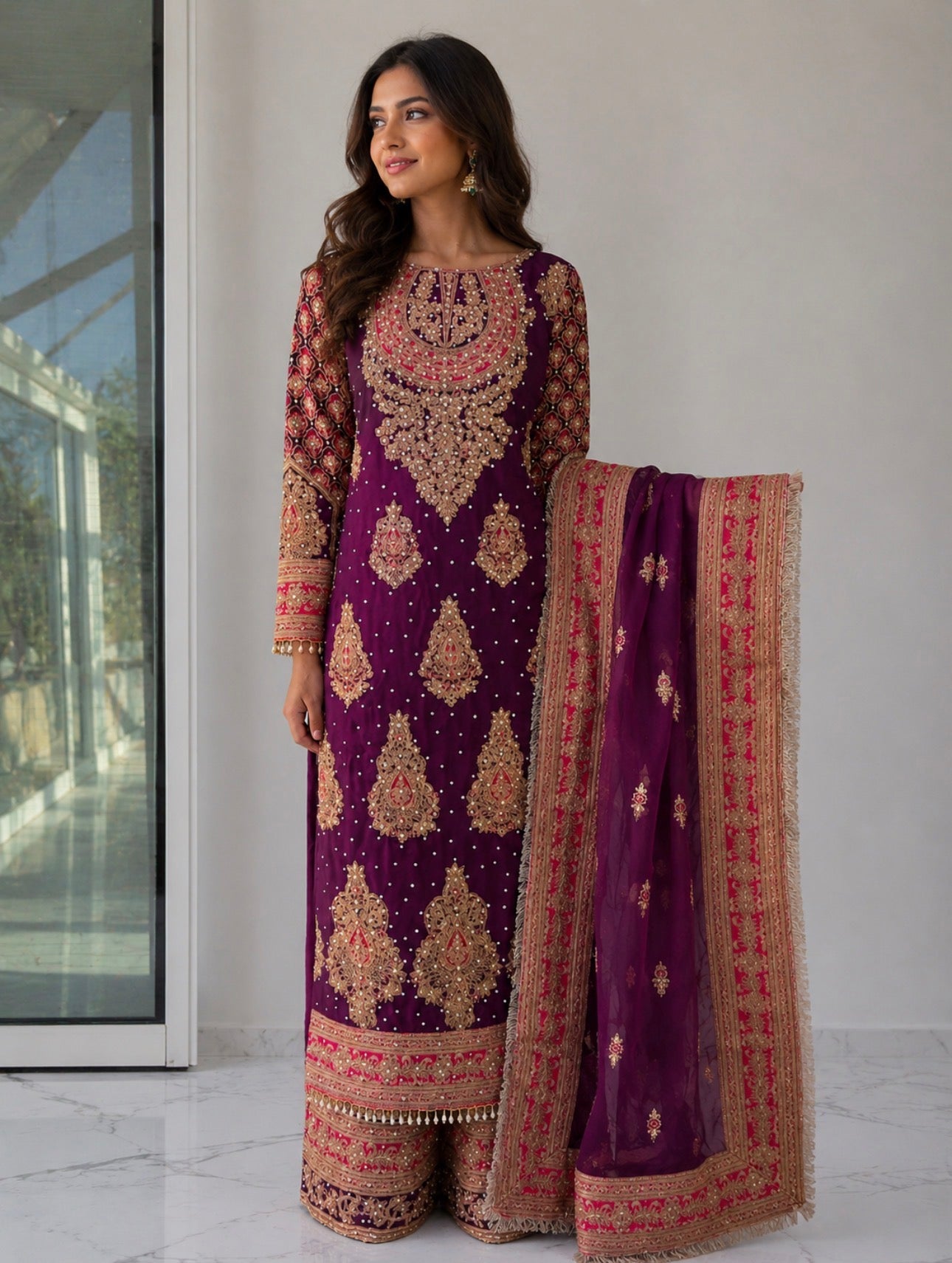MAAHI | 3 piece Heavy Embroidered Silk wedding wear suit- DEEP PURPLE