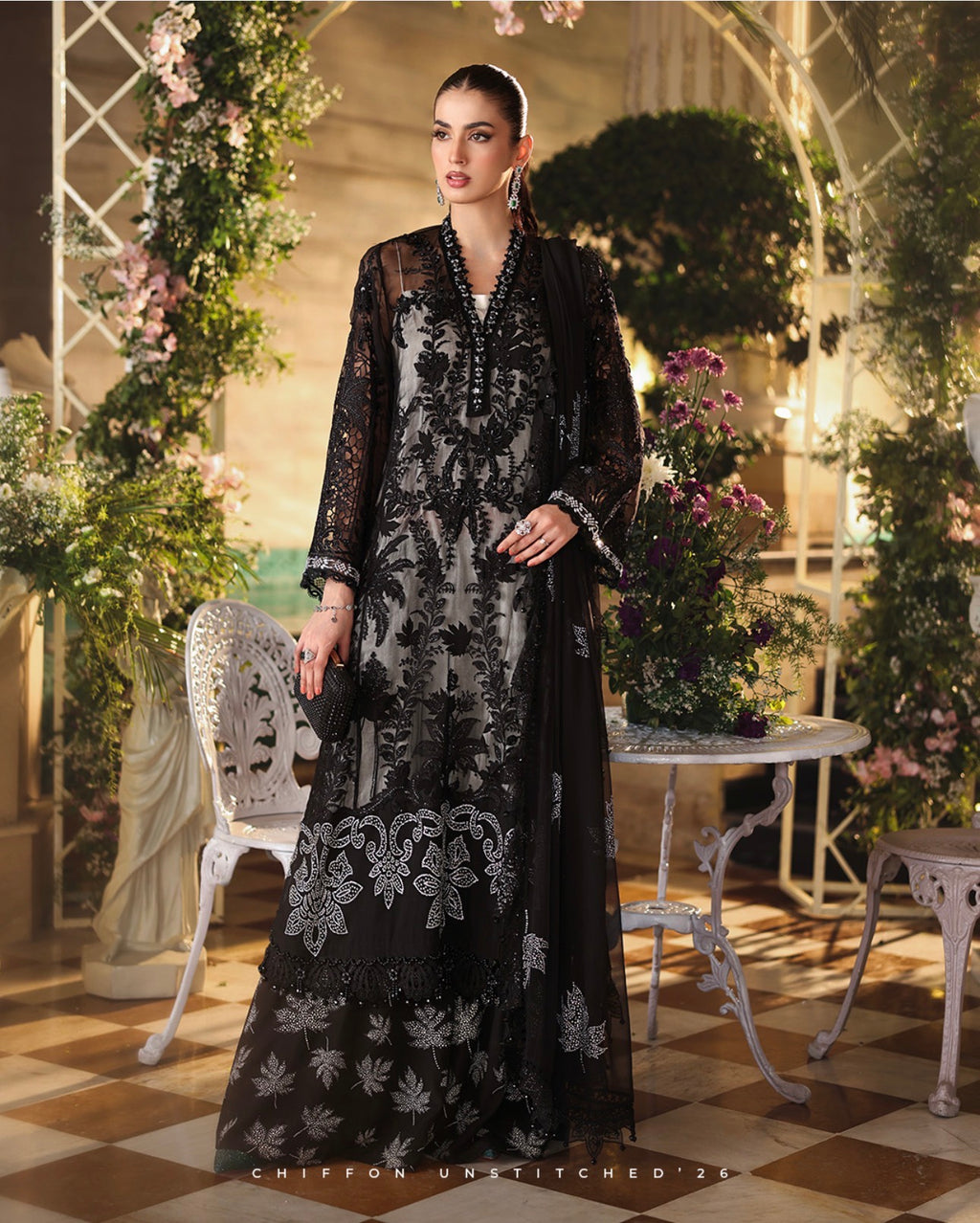 Midnight Noir | 3 piece Luxury Embroidered Chiffon Suit