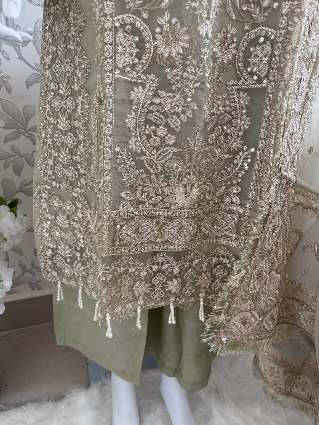 AFROZ Sage green | 3 piece Embroidered soft Organza Suit