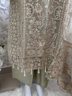 AFROZ Sage green | 3 piece Embroidered soft Organza Suit