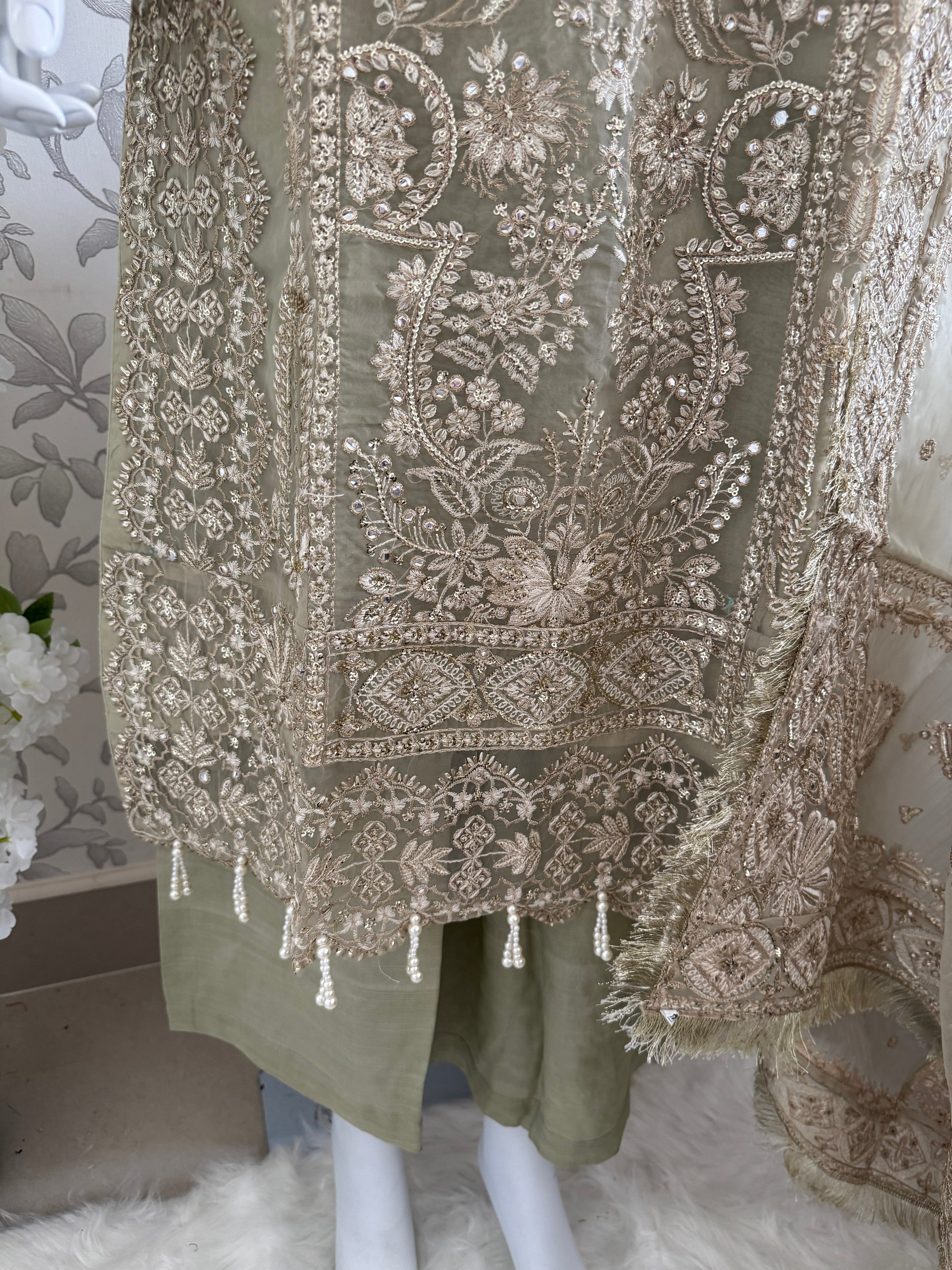 AFROZ Sage green | 3 piece Embroidered soft Organza Suit