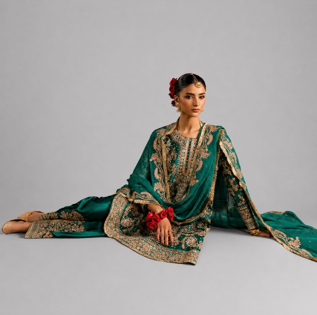 ZAMARUD | 3 piece heavy Embroidered silk pakistani mehndi/mayon wedding suit