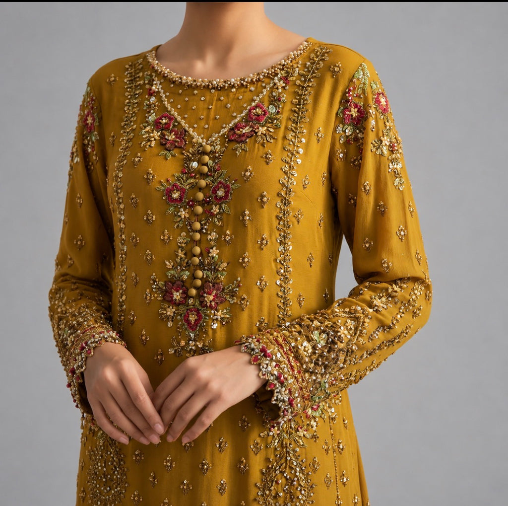 Mustard Gold- 3 piece Embroidered Luxury chiffon Suit