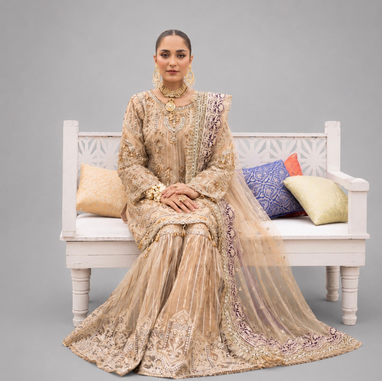 SHEHNAI | 3 pieces heavy Embroidered Net gharara suit