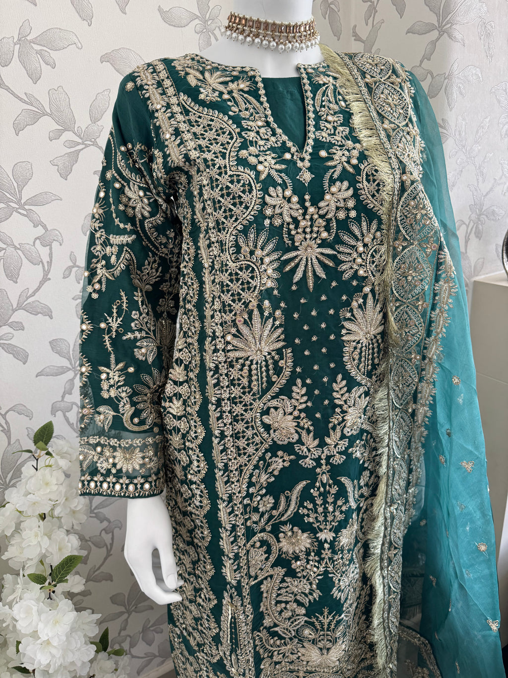AFROZ Emerald | 3 piece Embroidered soft Organza Suit