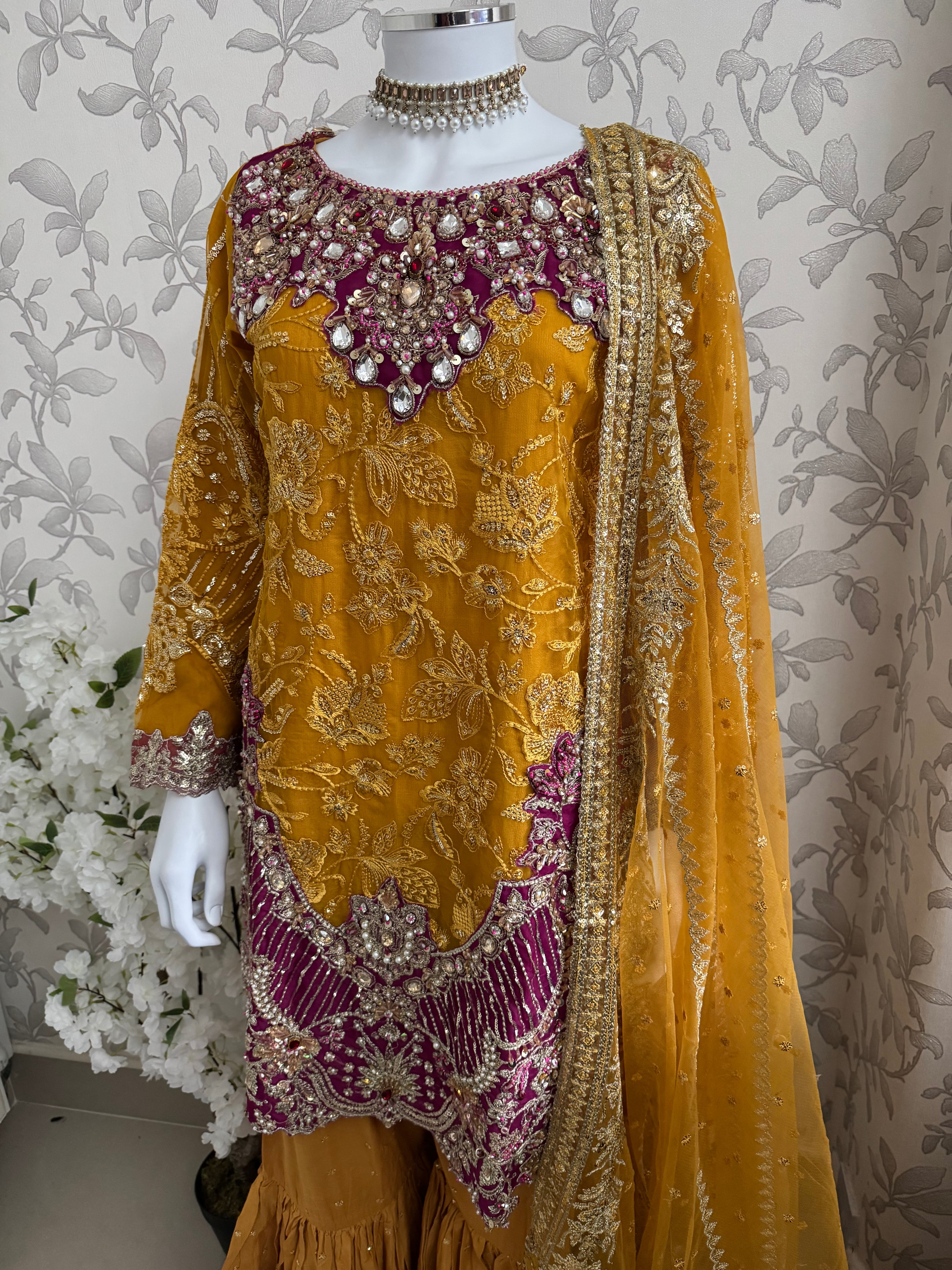 IMROZIAA | 3 piece Embroidered chiffon wedding Gharara Suit