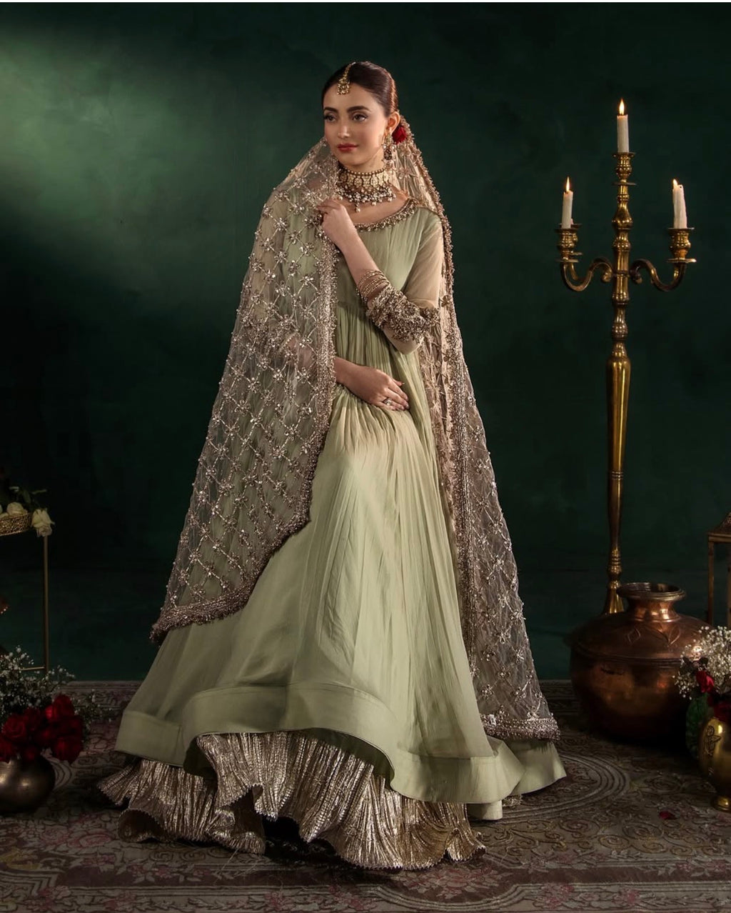 DILRUBA | 3 piece Embroidered chiffon Bridal Anarkali suit- Sage green