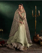 DILRUBA | 3 piece Embroidered chiffon Bridal Anarkali suit- Sage green