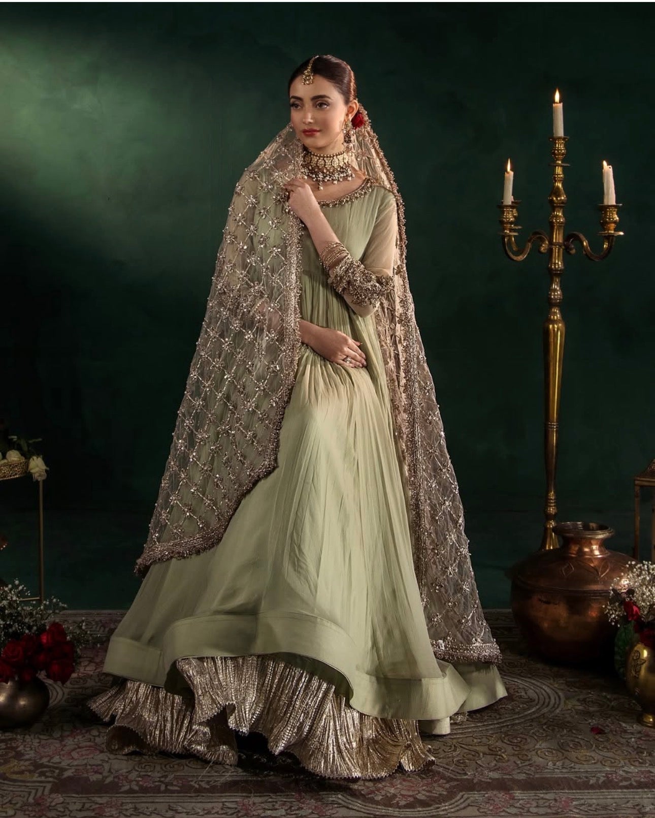 DILRUBA | 3 piece Embroidered chiffon Bridal Anarkali suit- Sage green
