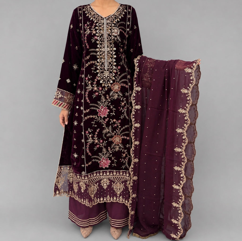 MAHRUKH | 3 piece Heavy Embroidered velvet wedding Suit