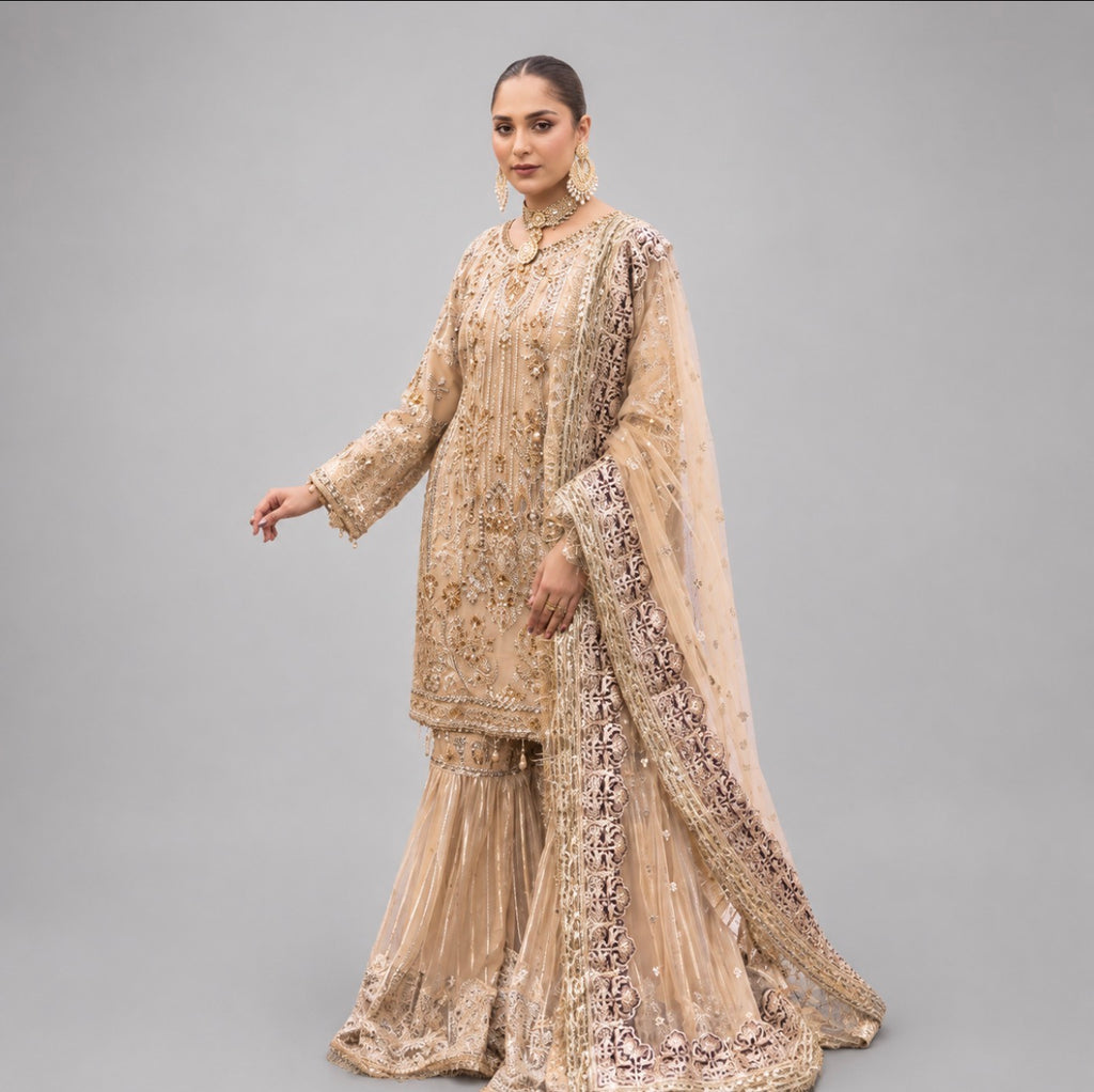 SHEHNAI | 3 pieces heavy Embroidered Net gharara suit