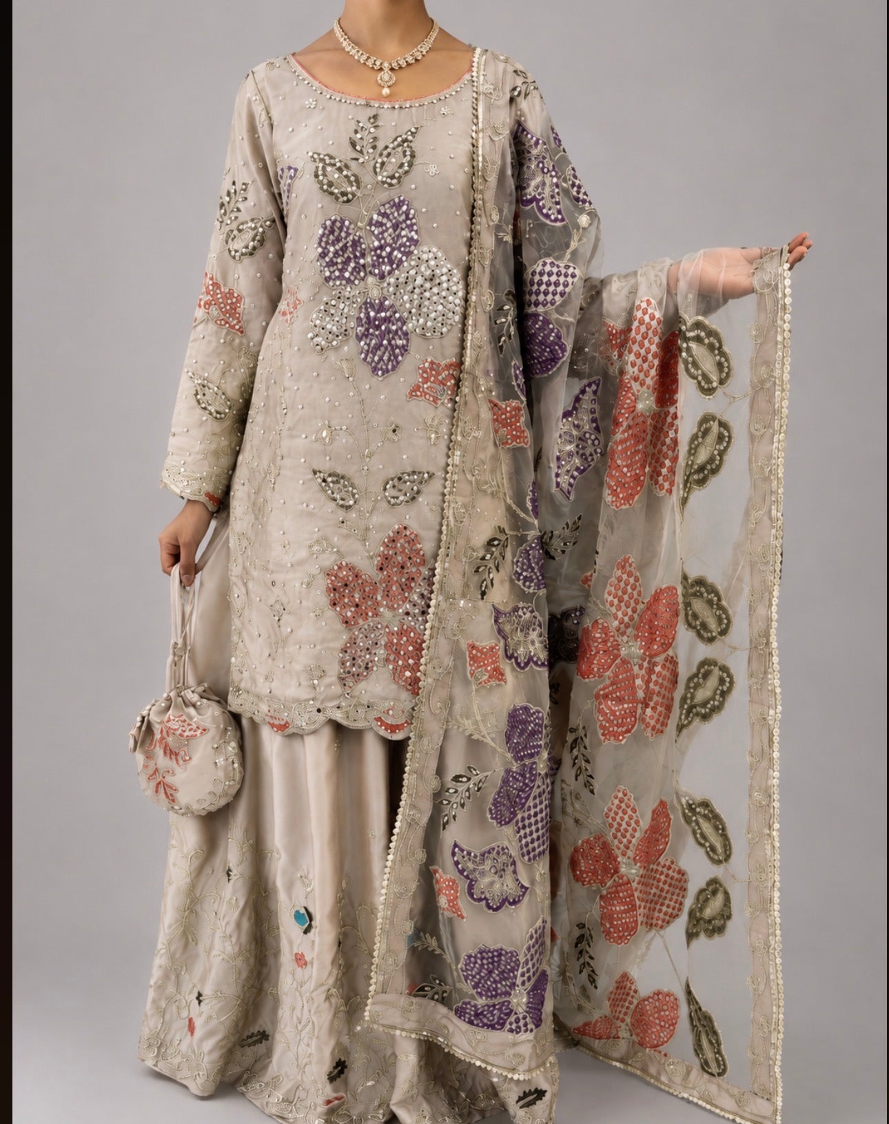Embroidered silk sharara Suit with Floral Dupatta