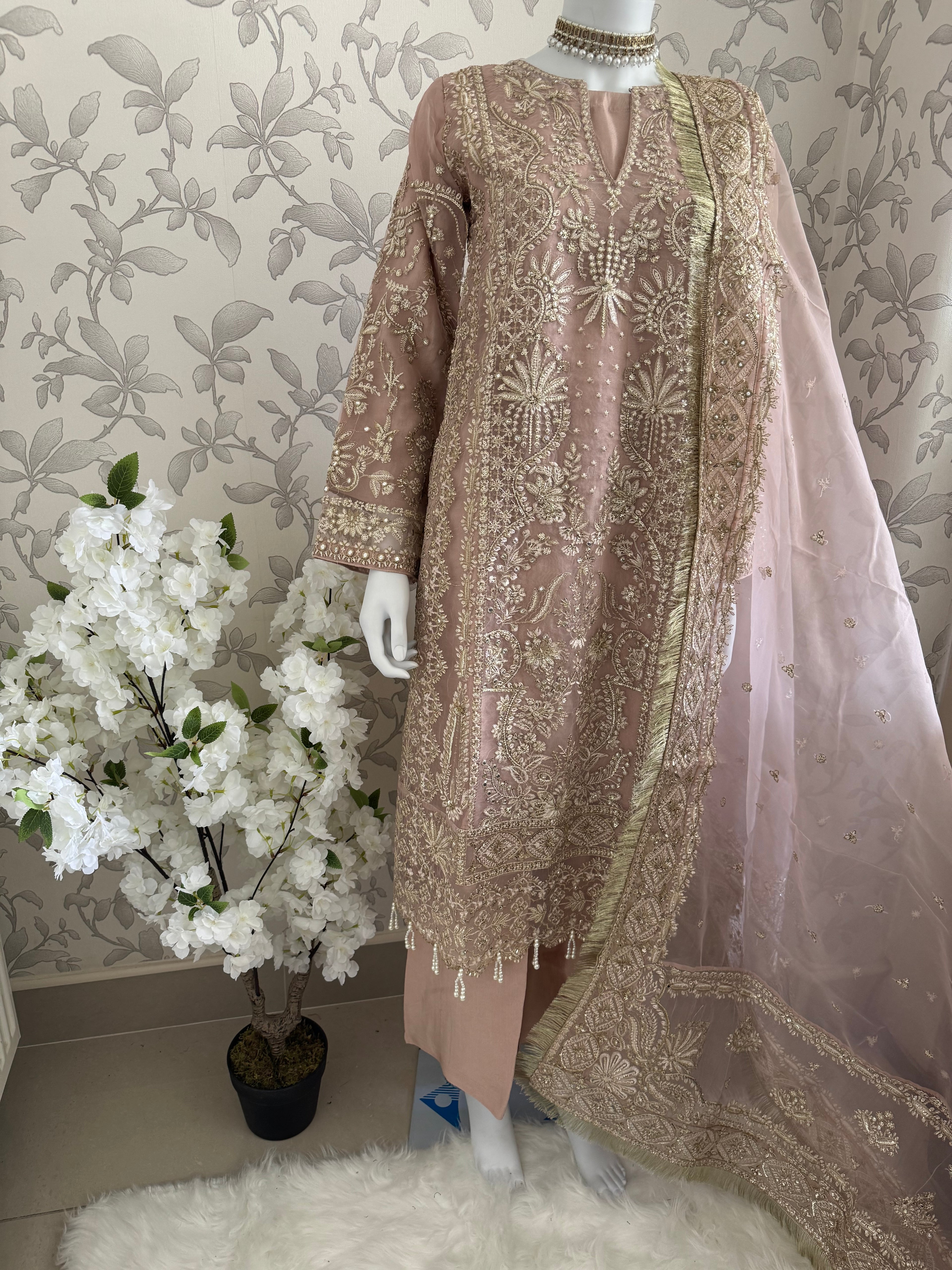 AFROZ Blush Pink | 3 piece Embroidered soft Organza suit
