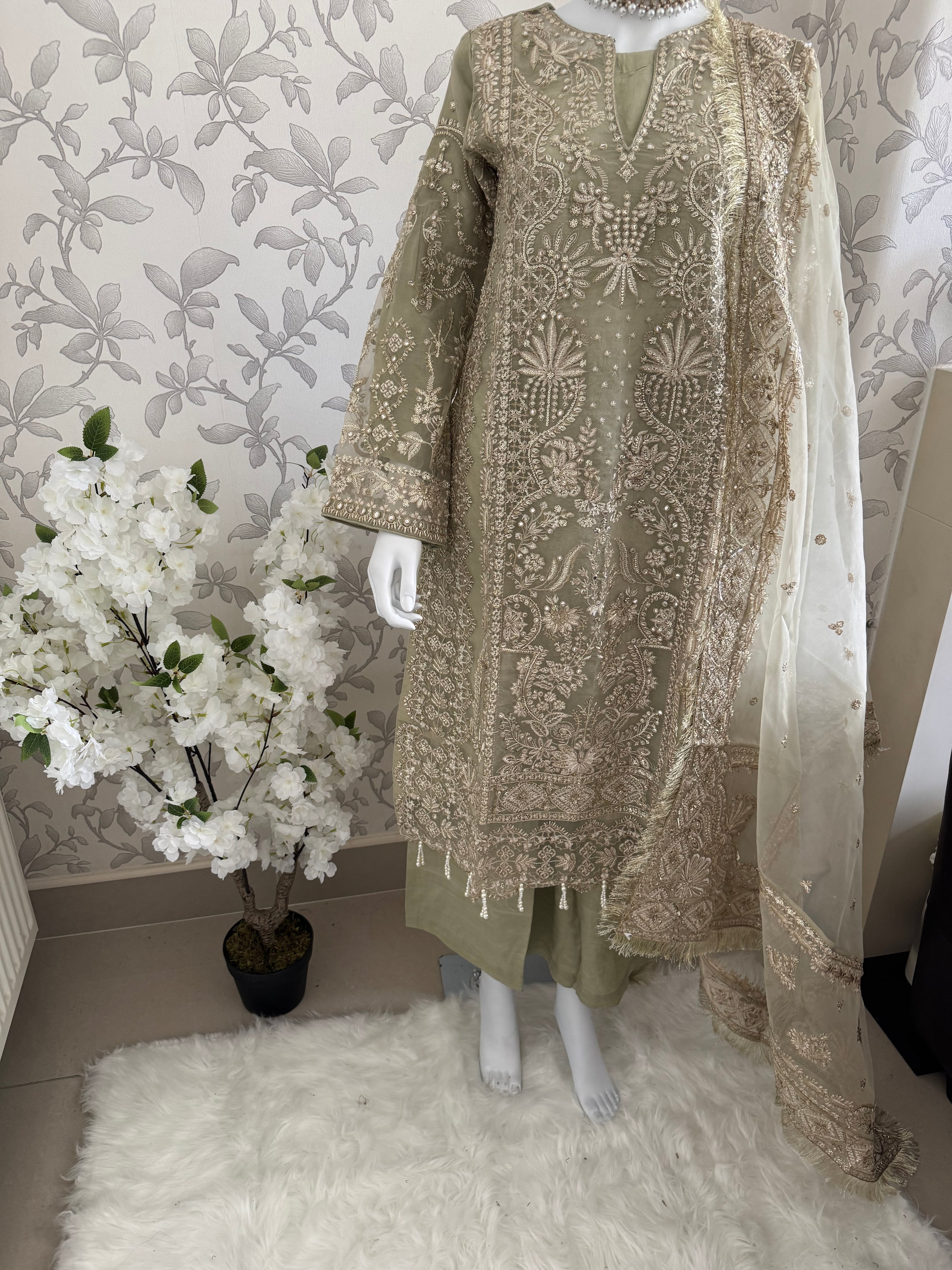 AFROZ Sage green | 3 piece Embroidered soft Organza Suit