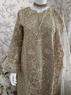 AFROZ Sage green | 3 piece Embroidered soft Organza Suit