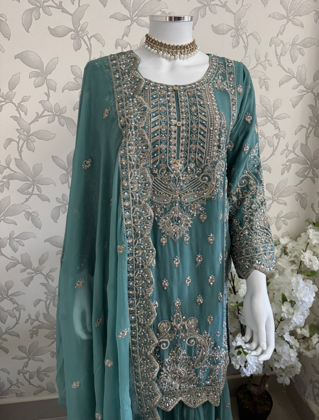 SAFFA | 3 piece Embroidered Chiffon Gharara Suit