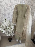 AFROZ Sage green | 3 piece Embroidered soft Organza Suit