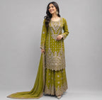 RAHA | 3 piece Heavy Embroidered chiffon Gharara Suit