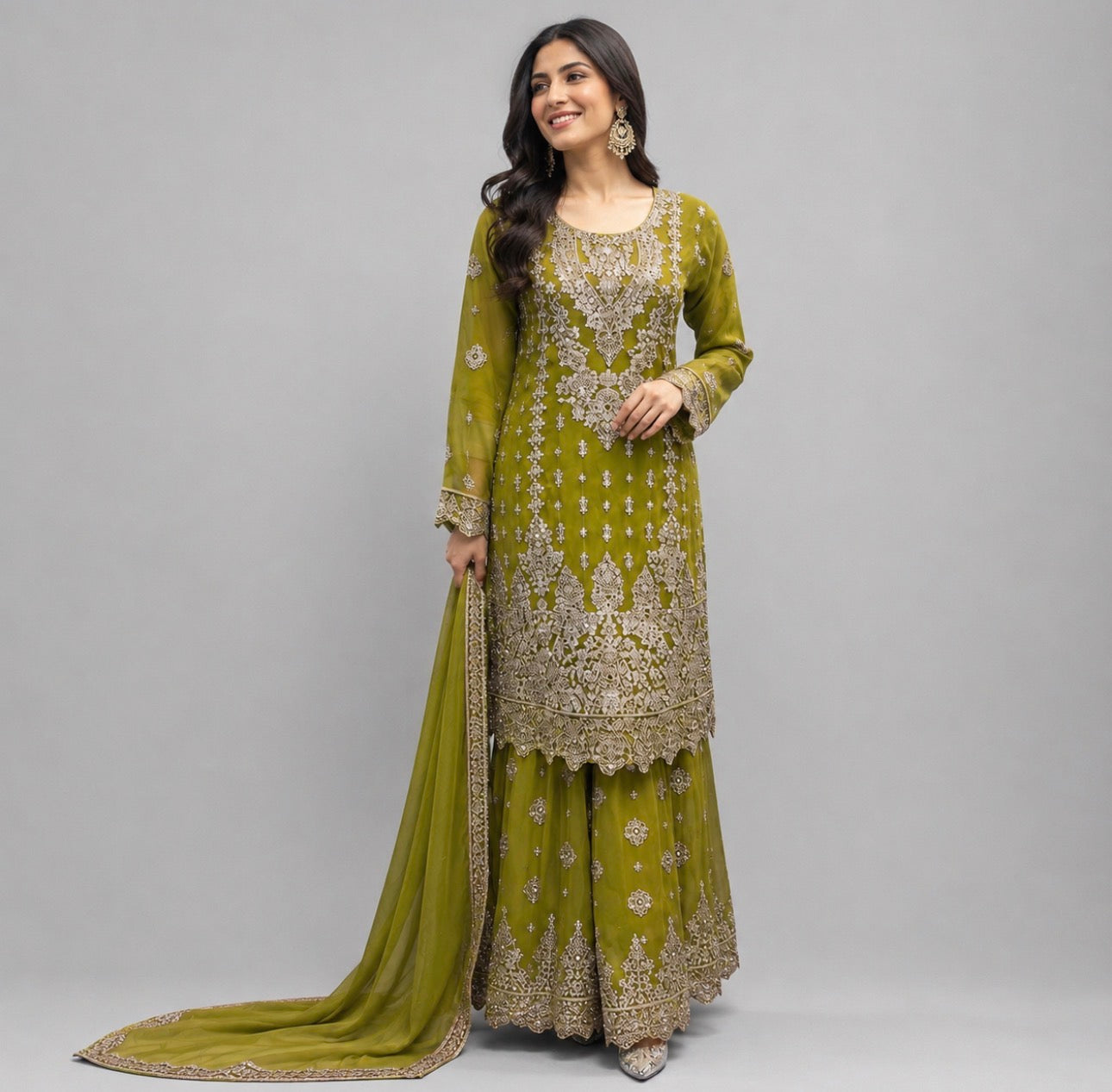 RAHA | 3 piece Heavy Embroidered chiffon Gharara Suit