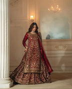KAMKHAAB | 3 piece Maroon & Gold Embroidered chiffon Bridal Farshi Gharara Set