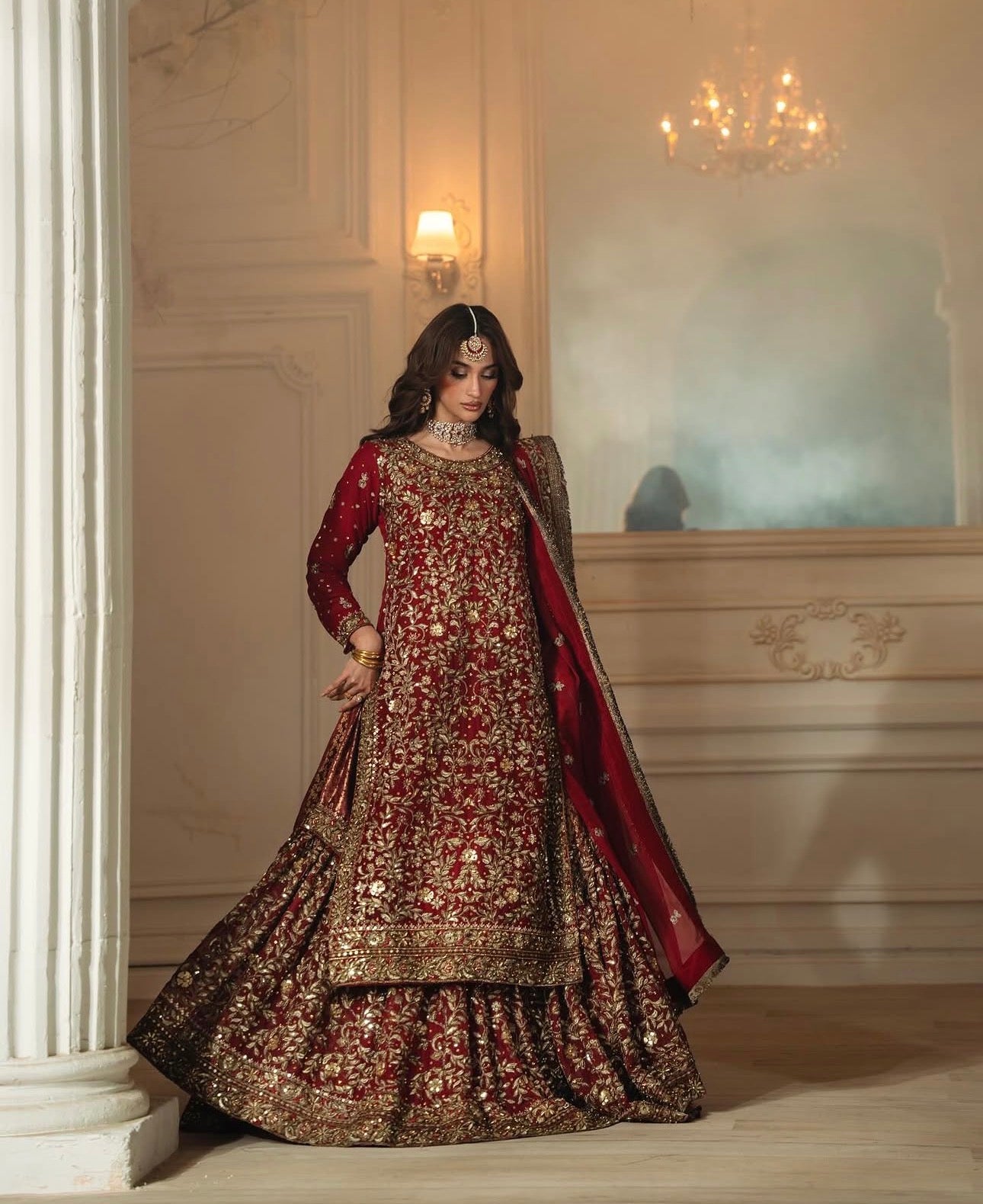 KAMKHAAB | 3 piece Maroon & Gold Embroidered chiffon Bridal Farshi Gharara Set