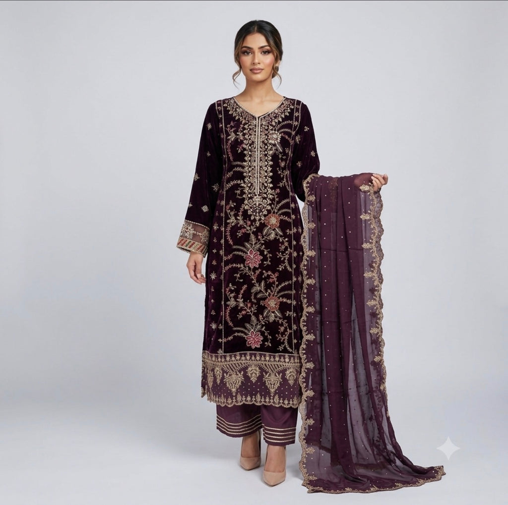 MAHRUKH | 3 piece Heavy Embroidered velvet wedding Suit