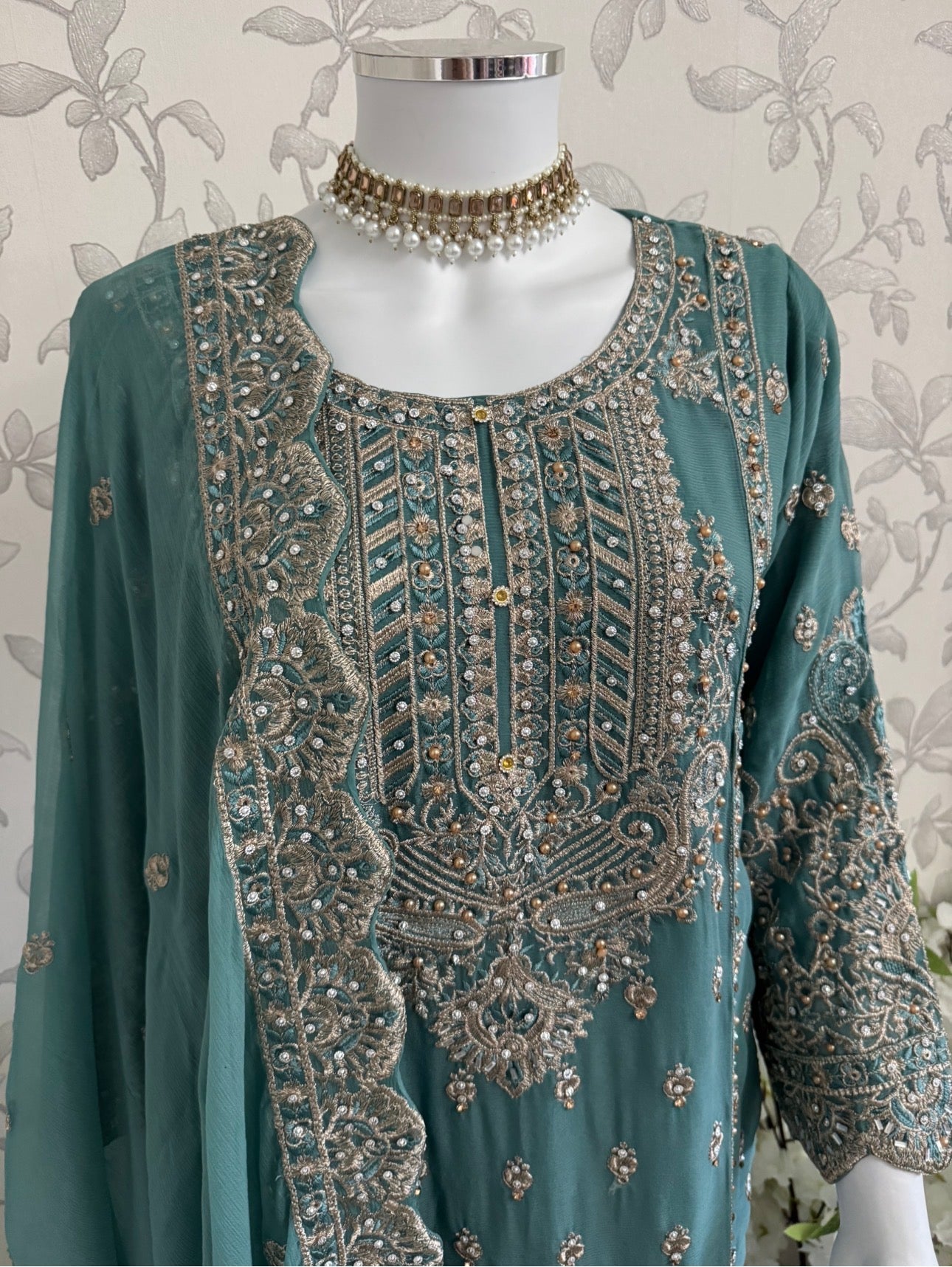 SAFFA | 3 piece Embroidered Chiffon Gharara Suit