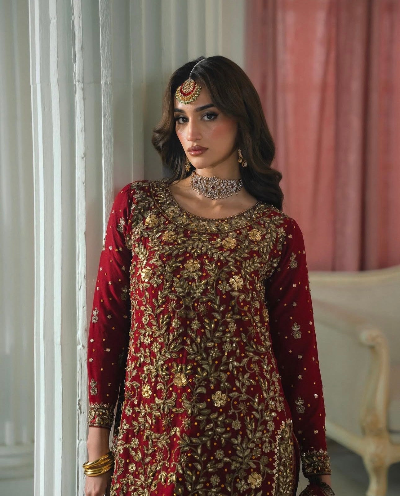 KAMKHAAB | 3 piece Maroon & Gold Embroidered chiffon Bridal Farshi Gharara Set