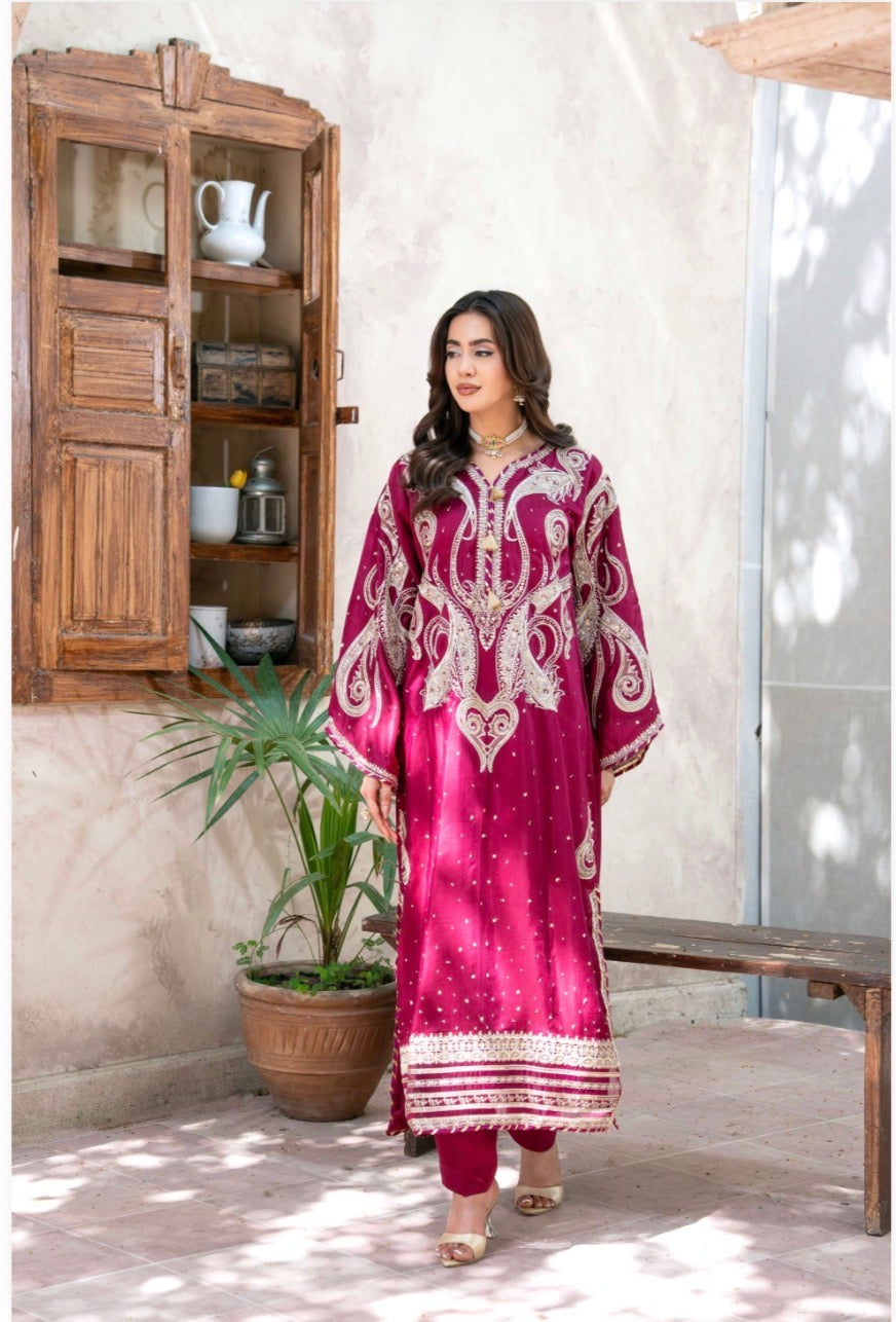 ROYA | 2 piece Magenta Embroidered viscose Kaftan Set Festive & Party Wear